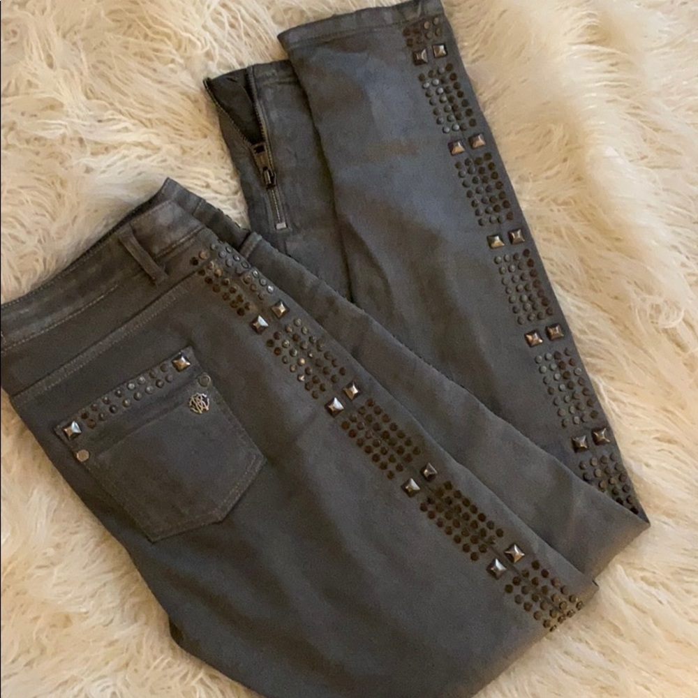 Roberto Cavalli metallic finish pants jeans Italy grommet embellished zipper